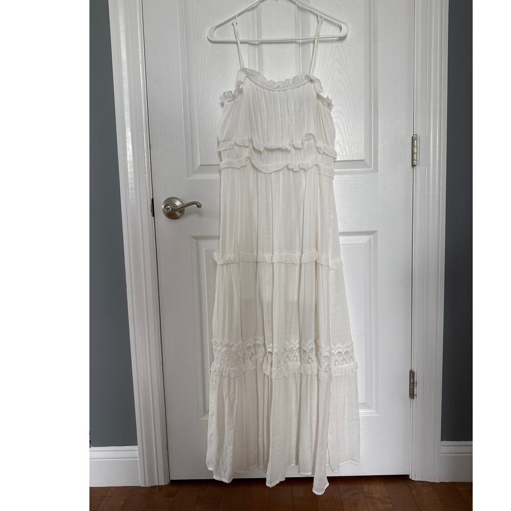 HYFVE White Ruffle crochet Trim Tiered Boho sleeveless Maxi Dress large - Picture 4 of 13
